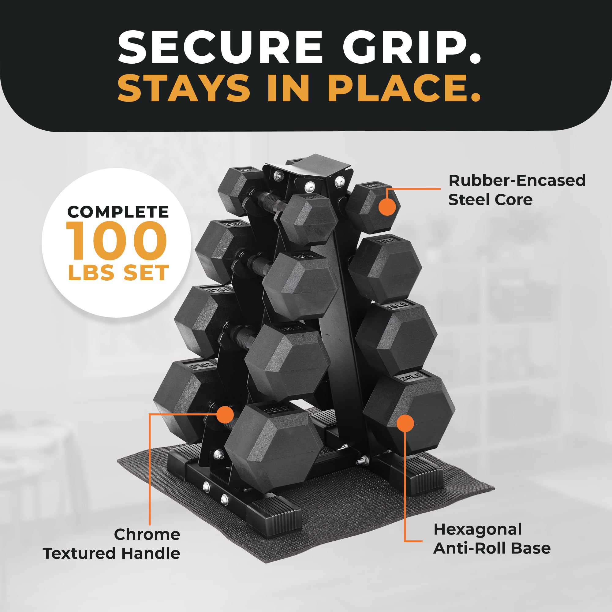 BalanceFrom Dumbbell Set with Stand, Rubber Encased Home Gym Hand Weights, 100lb