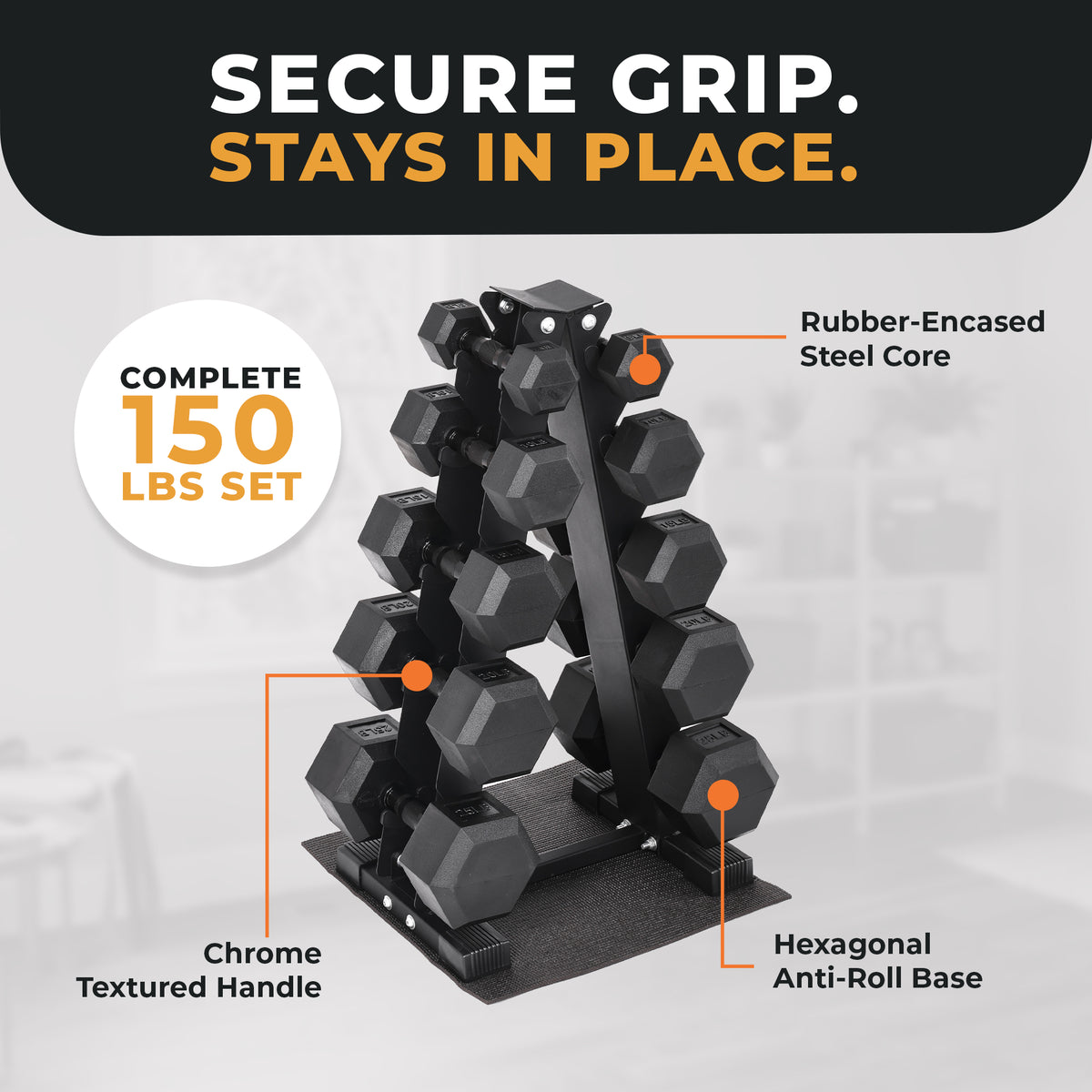 BalanceFrom Dumbbell Set with Stand, Rubber Encased Home Gym Hand Weights, 150lb