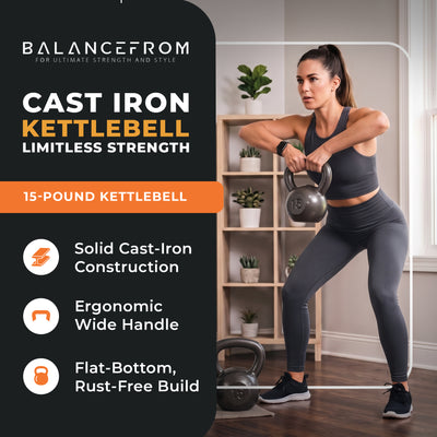 BalanceFrom 15LB Cast Iron Kettlebell for Home Gym Strength Training Exercise