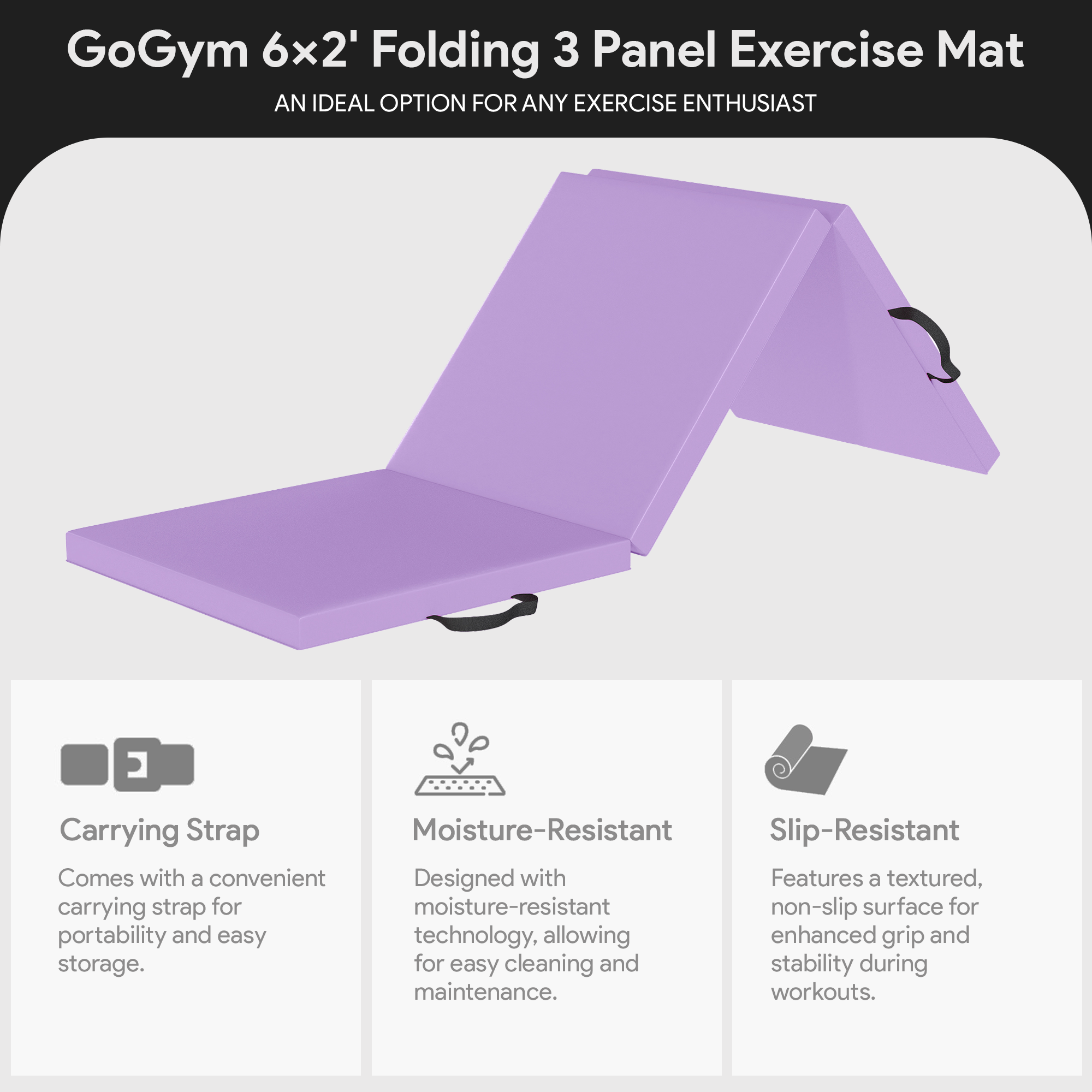 BalanceFrom Fitness GoGym 6x2' Folding 3 Panel Exercise Mat with Handles, Purple