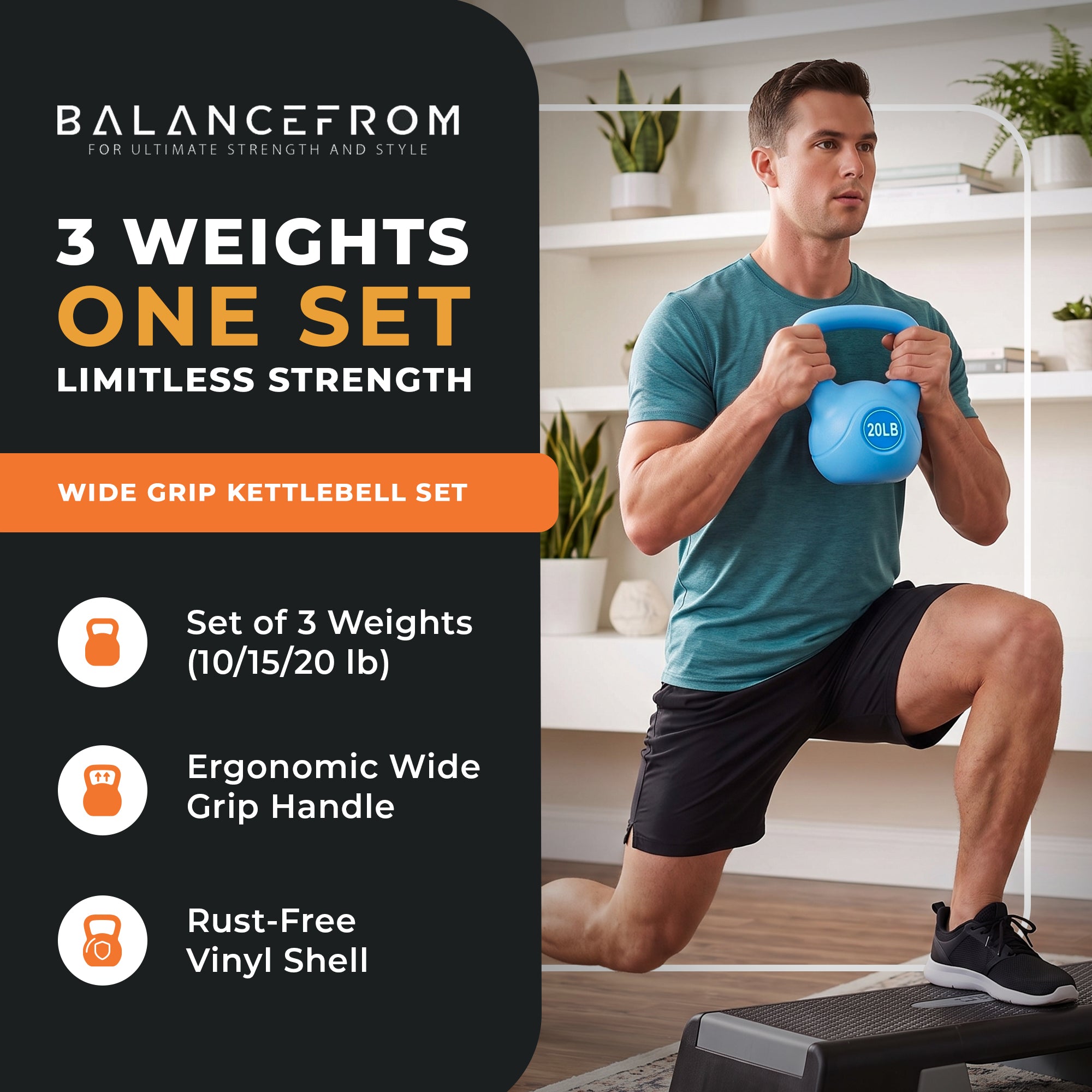 BalanceFrom Sand-Filled Kettlebell Weights Set of 10, 15, and 20 lb, Multicolor
