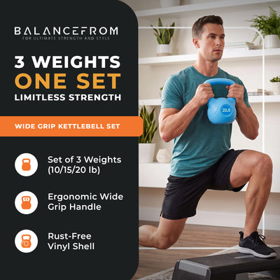 BalanceFrom Sand-Filled Kettlebell Weights Set of 10, 15, and 20 lb, Multicolor