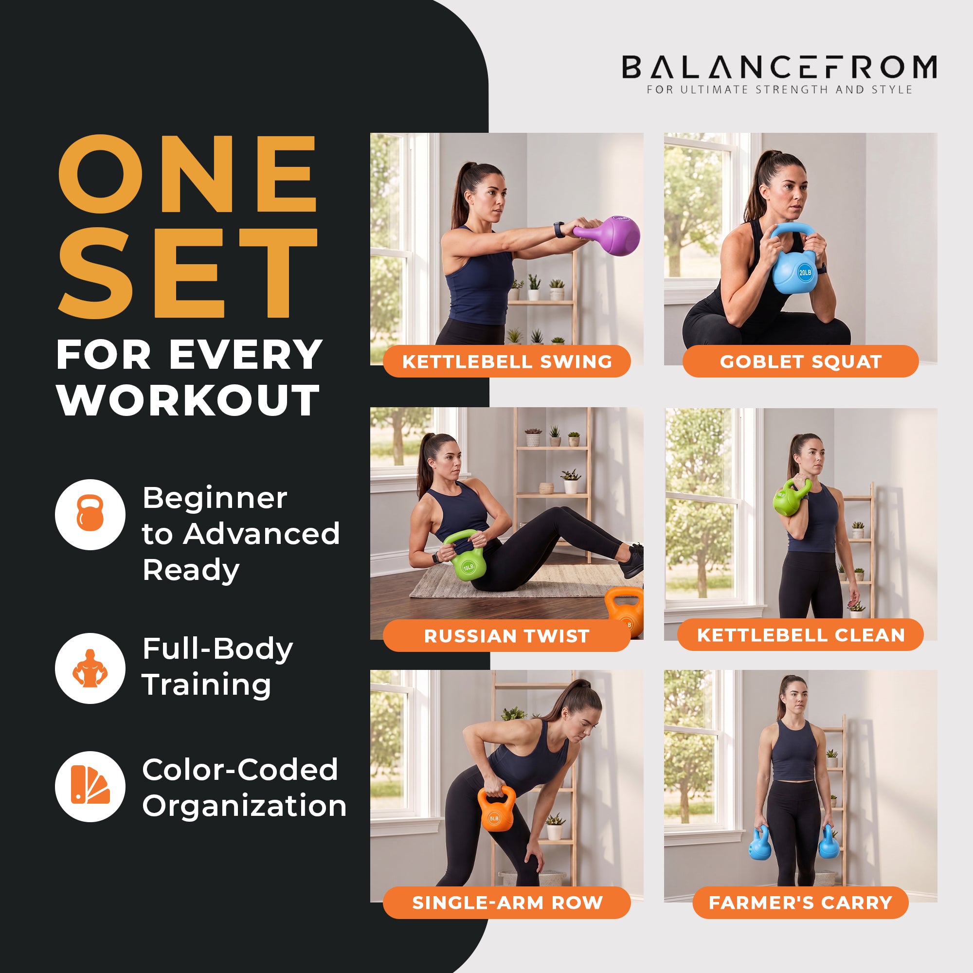 BalanceFrom Sand-Filled Kettlebell Weights Set of 10, 15, and 20 lb, Multicolor