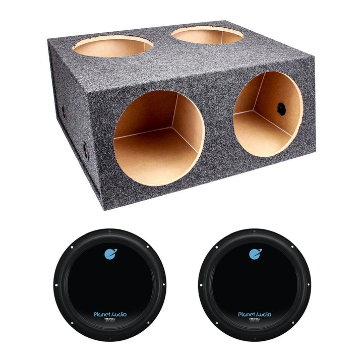 QPower 4 Hole 12 Inch Enclosure and Planet Audio AC12D 1800W Subwoofer (2 Pack) - VMInnovations