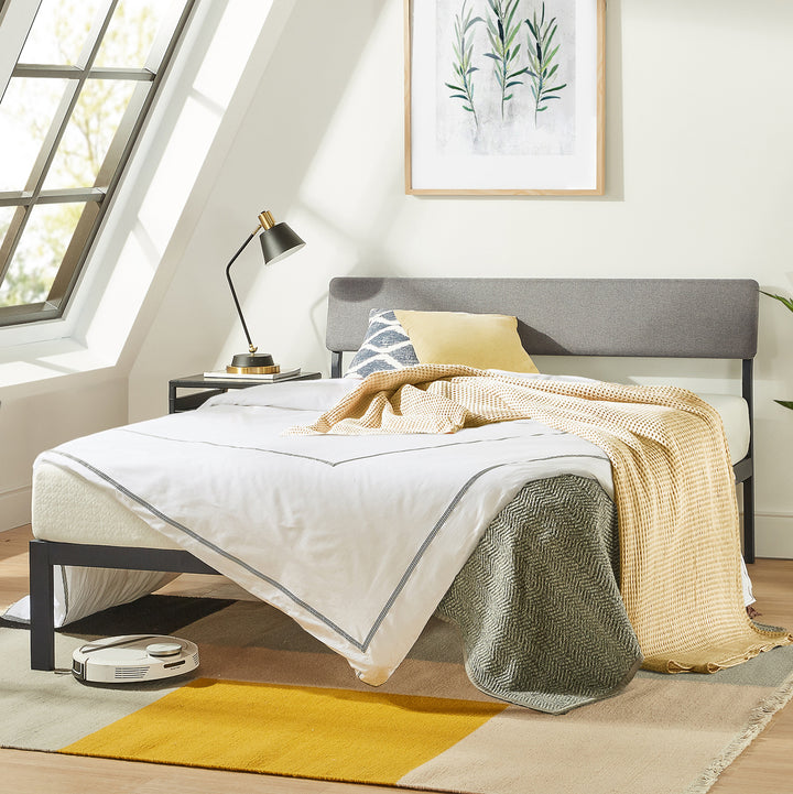 Mellow KERA Metal and Wood Platform Bed Frame with Angled Headboard, King, Black