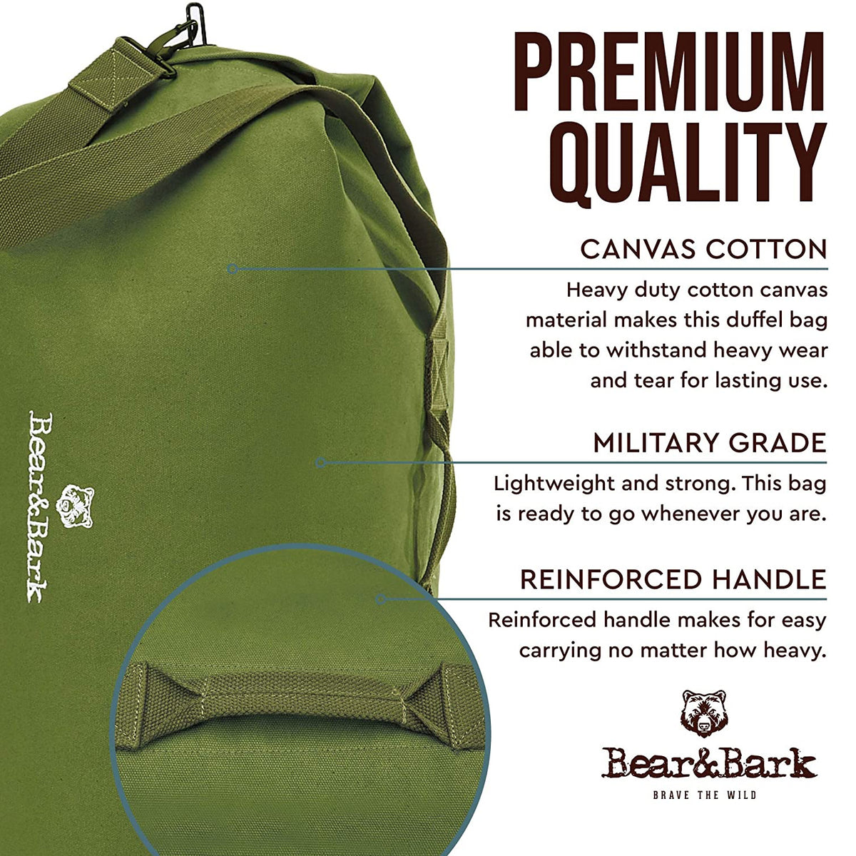 Bear&Bark Military Style Top Load Duffel Bag, 56 x 32 Inch, Green (Open Box)