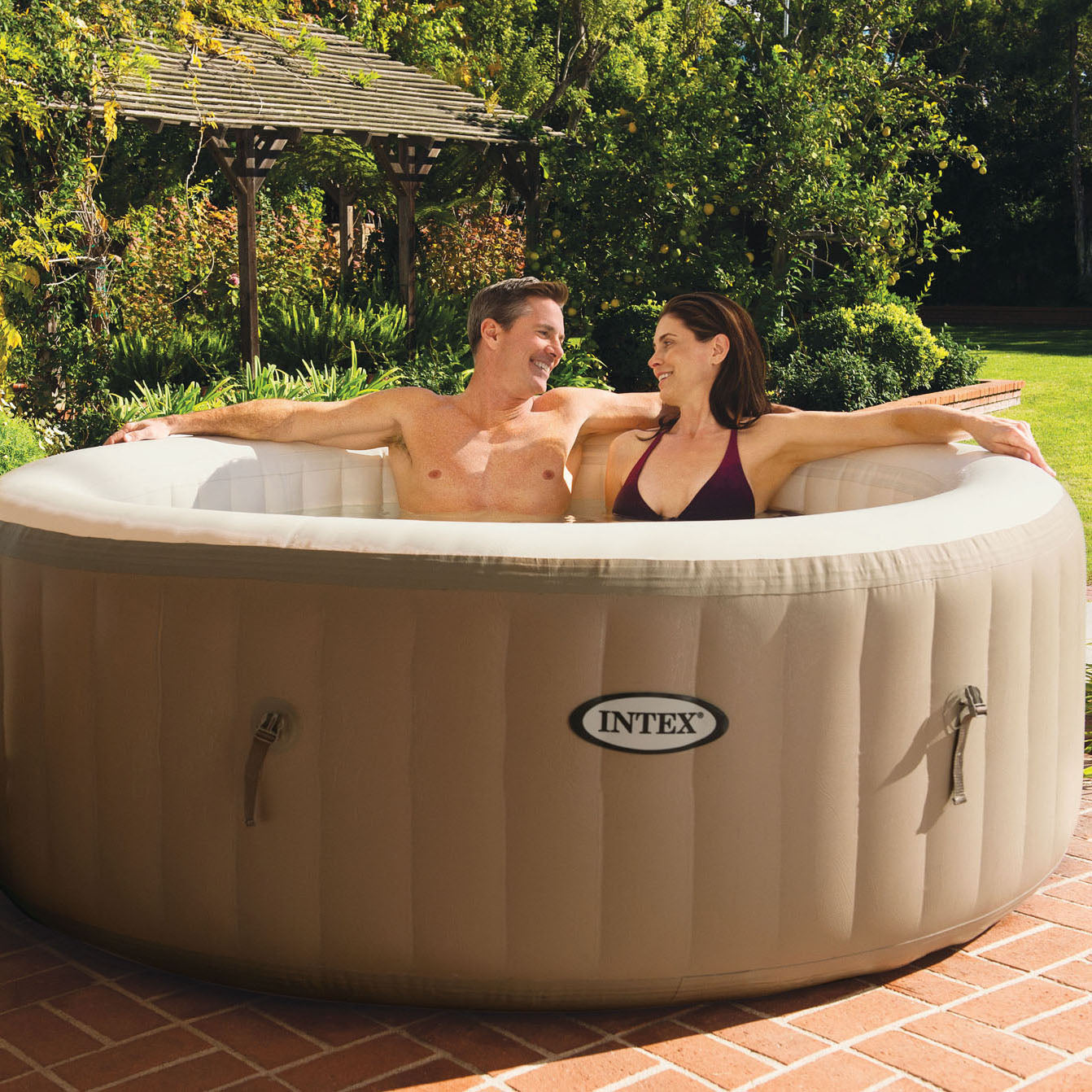 Intex PureSpa 4-Person Tan Inflatable Bubble Jet Spa Portable Hot Tub with Cover