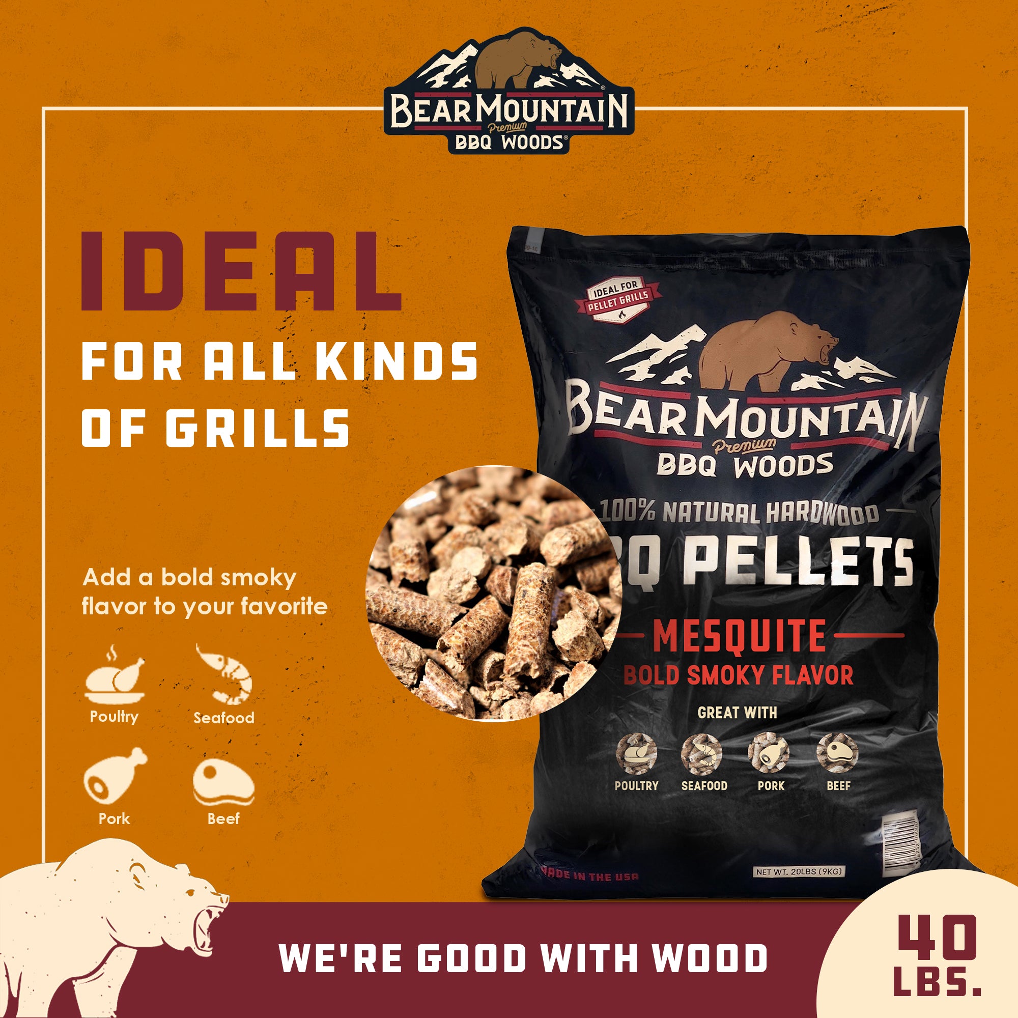 Bear Mountain BBQ Premium All Natural Wood Mesquite Smoker Pellets, 40 Pounds (Refurbished)