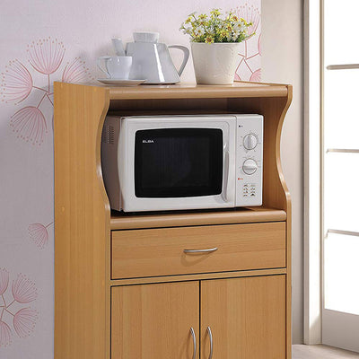 Hodedah Wheeled Microwave Island Cart with Drawer and Cabinet Storage, Beech