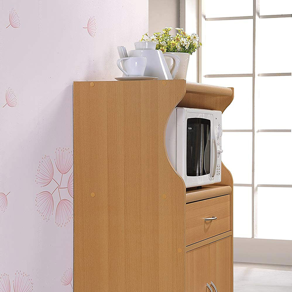 Hodedah Wheeled Microwave Island Cart with Drawer and Cabinet Storage, Beech