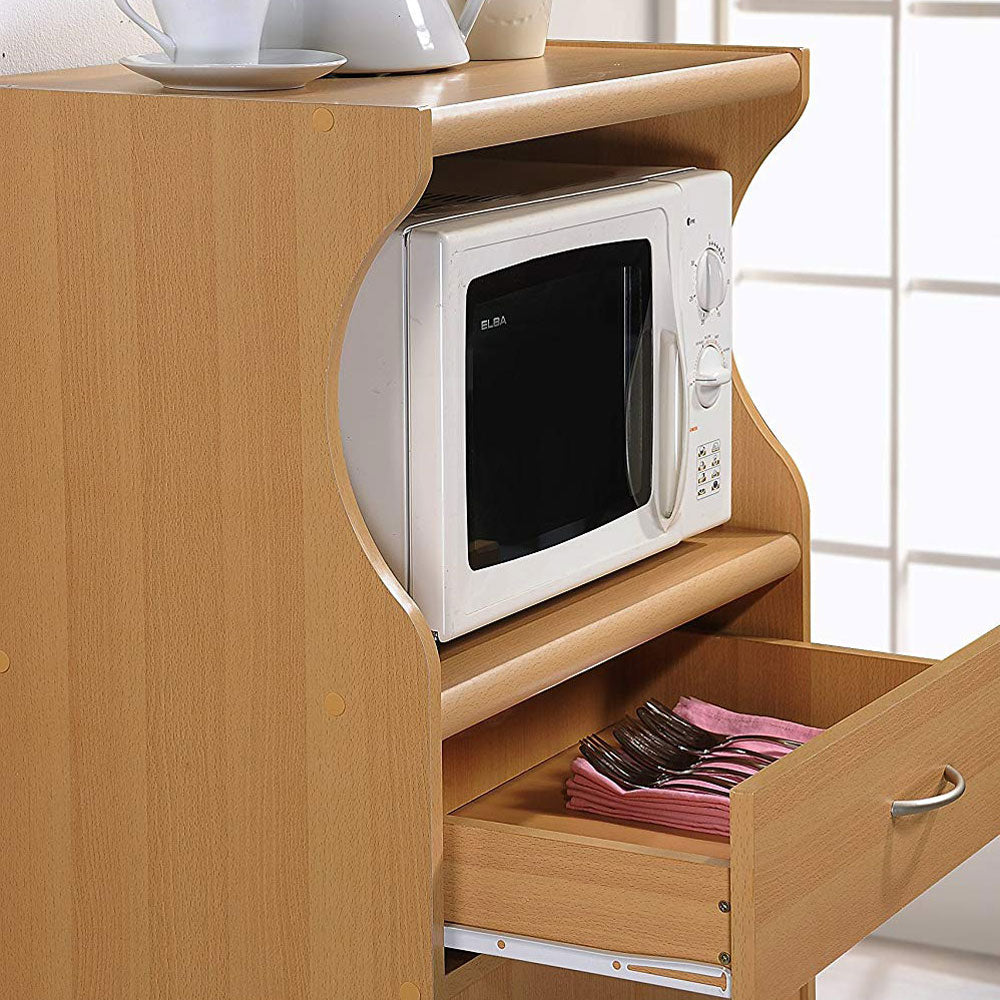 Hodedah Wheeled Microwave Island Cart with Drawer and Cabinet Storage, Beech