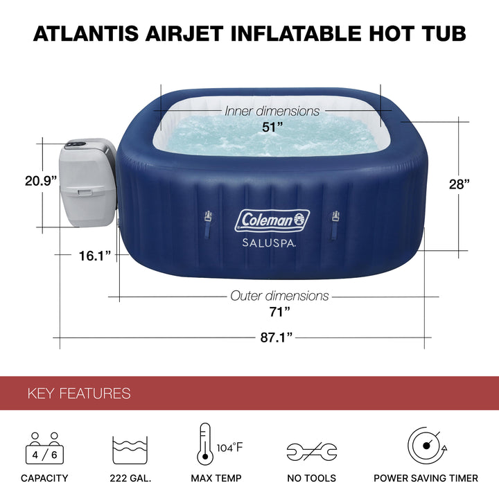Coleman SaluSpa 4 Person Square Portable Inflatable Hot Tub Spa, Blue (Open Box)