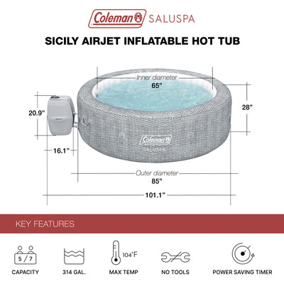 Saluspa Sicily Inflatable Airjet Hot Tub Spa, Fits up to 7 People, Gray (Used)