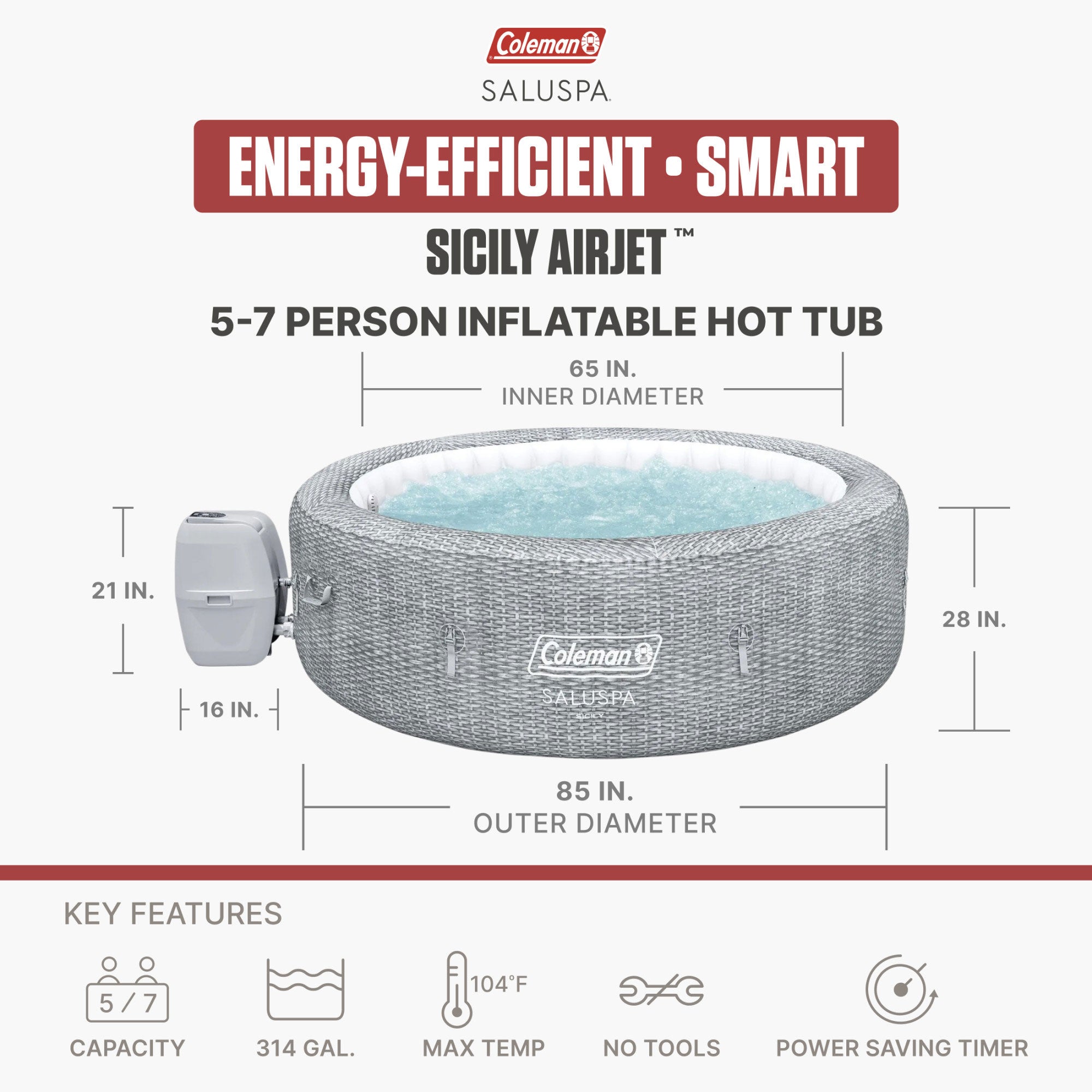 Saluspa Sicily Inflatable Airjet Hot Tub Spa, Fits up to 7 People, Gray (Used)