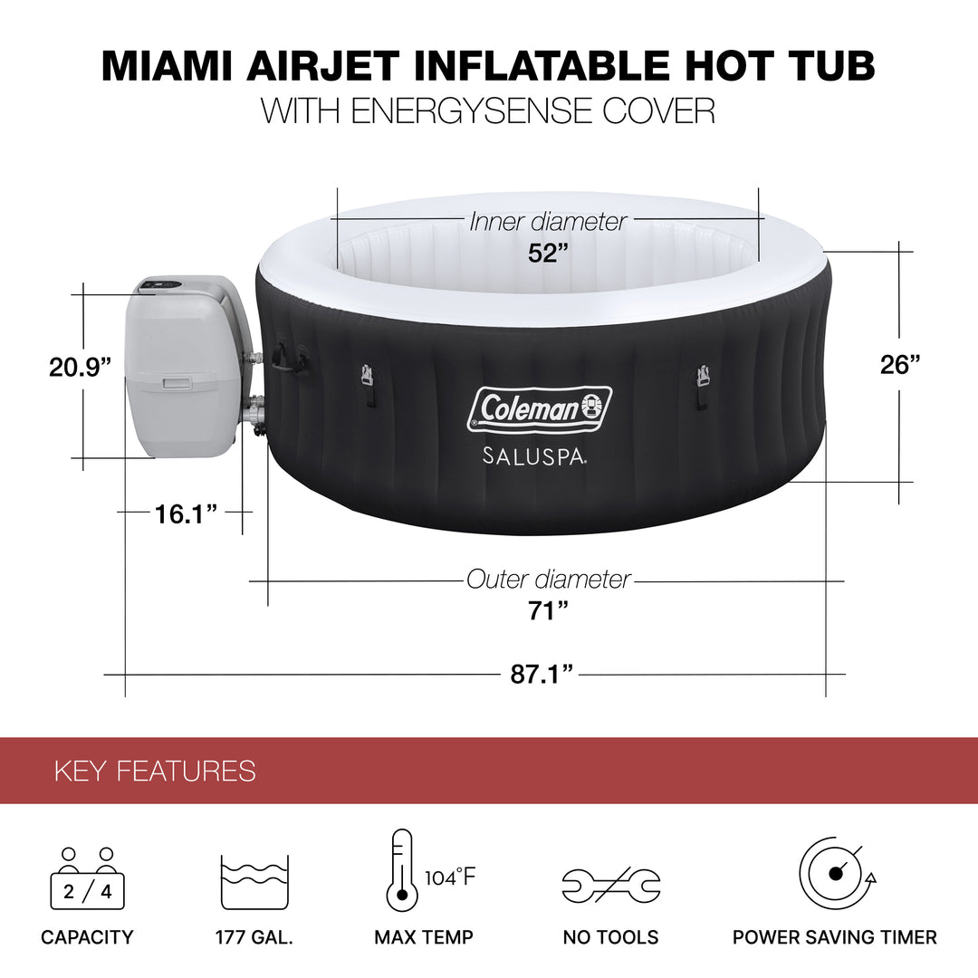 Coleman Miami AirJet Square Inflatable Hot Tub with EnergySense Cover, Black