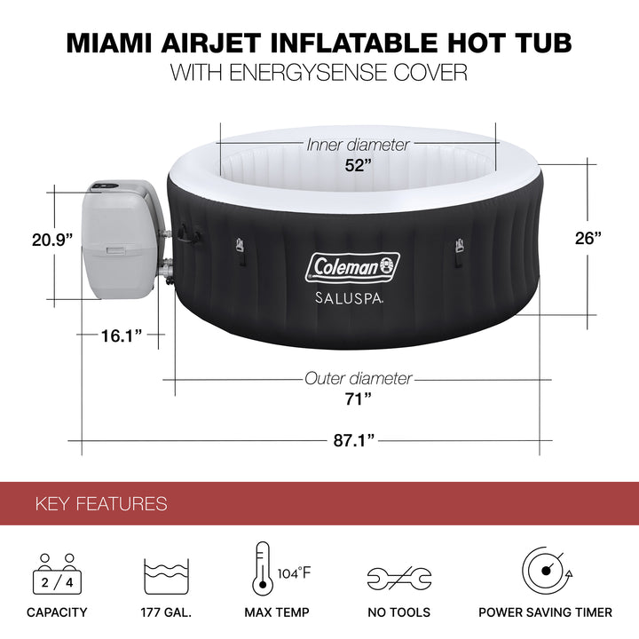 Coleman Miami AirJet Square Inflatable Hot Tub with EnergySense Cover, Black