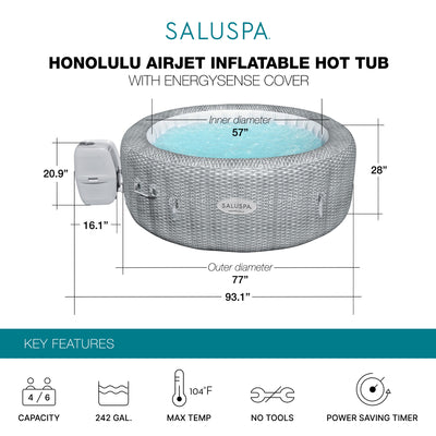 Bestway SaluSpa Honolulu AirJet Inflatable Hot Tub with EnergySense Cover, Grey