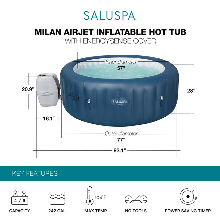 Bestway SaluSpa Milan AirJet Inflatable Hot Tub with EnergySense Cover, Blue