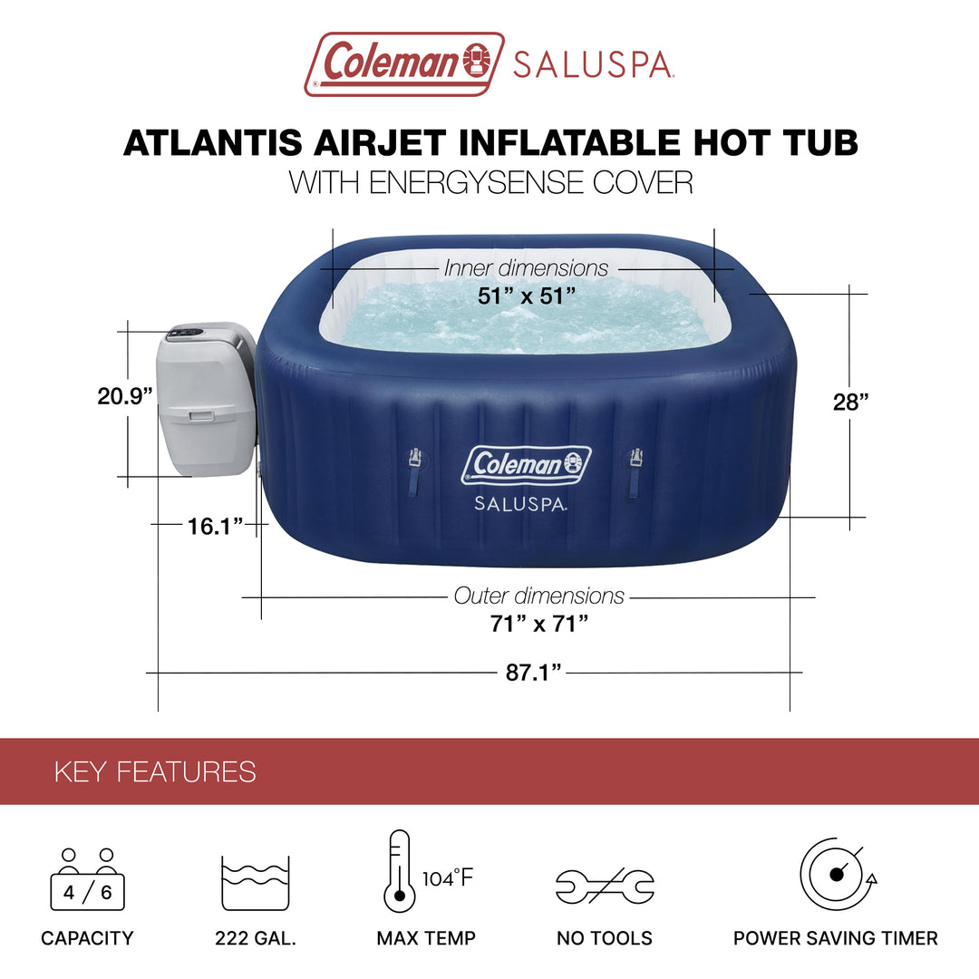 Coleman Atlantis AirJet Square Inflatable Hot Tub with EnergySense Cover, Blue