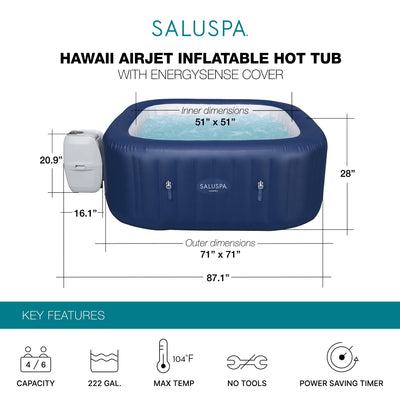 Bestway SaluSpa Hawaii AirJet Inflatable Hot Tub with EnergySense Cover, Blue