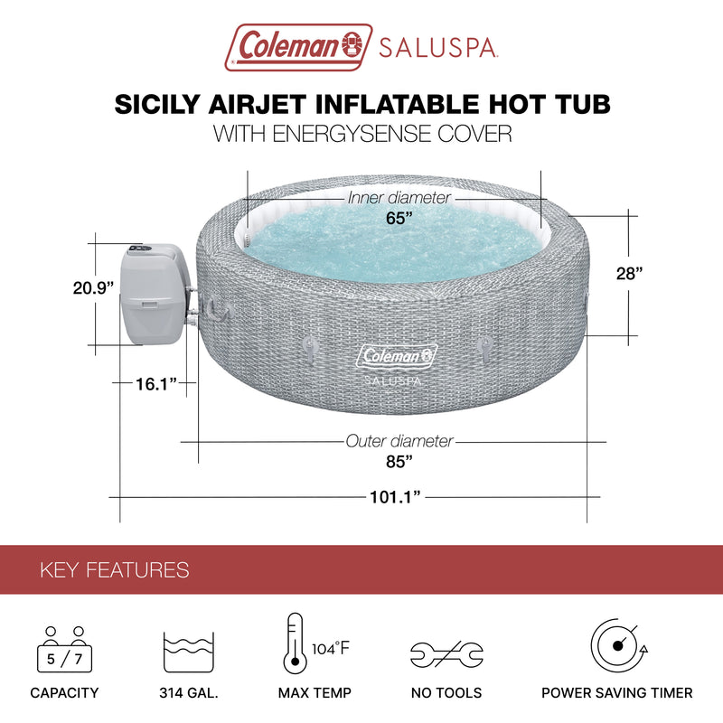 Bestway Coleman Sicily AirJet Inflatable Hot Tub w/EnergySense Cover, Grey(Used)