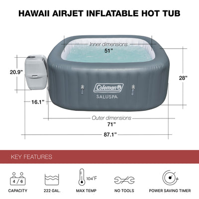 Coleman SaluSpa AirJet 6 Person Inflatable Square Hot Tub with 140 Jets, Gray