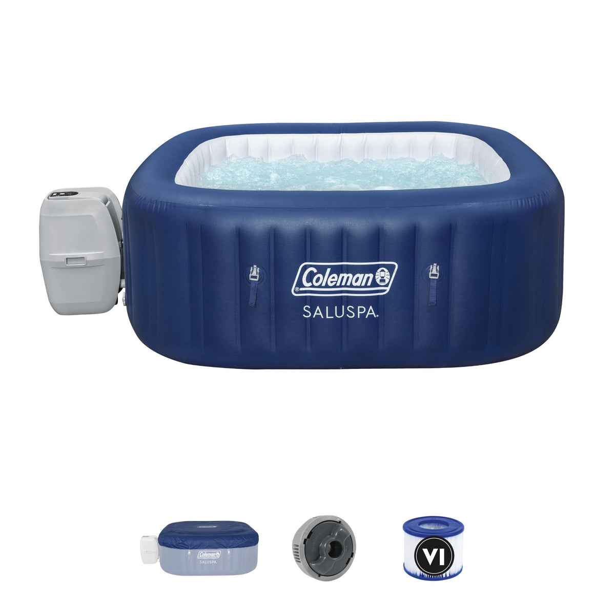 Coleman SaluSpa 4 Person Square Portable Inflatable Outdoor Hot Tub Spa, Blue (Refurbished)