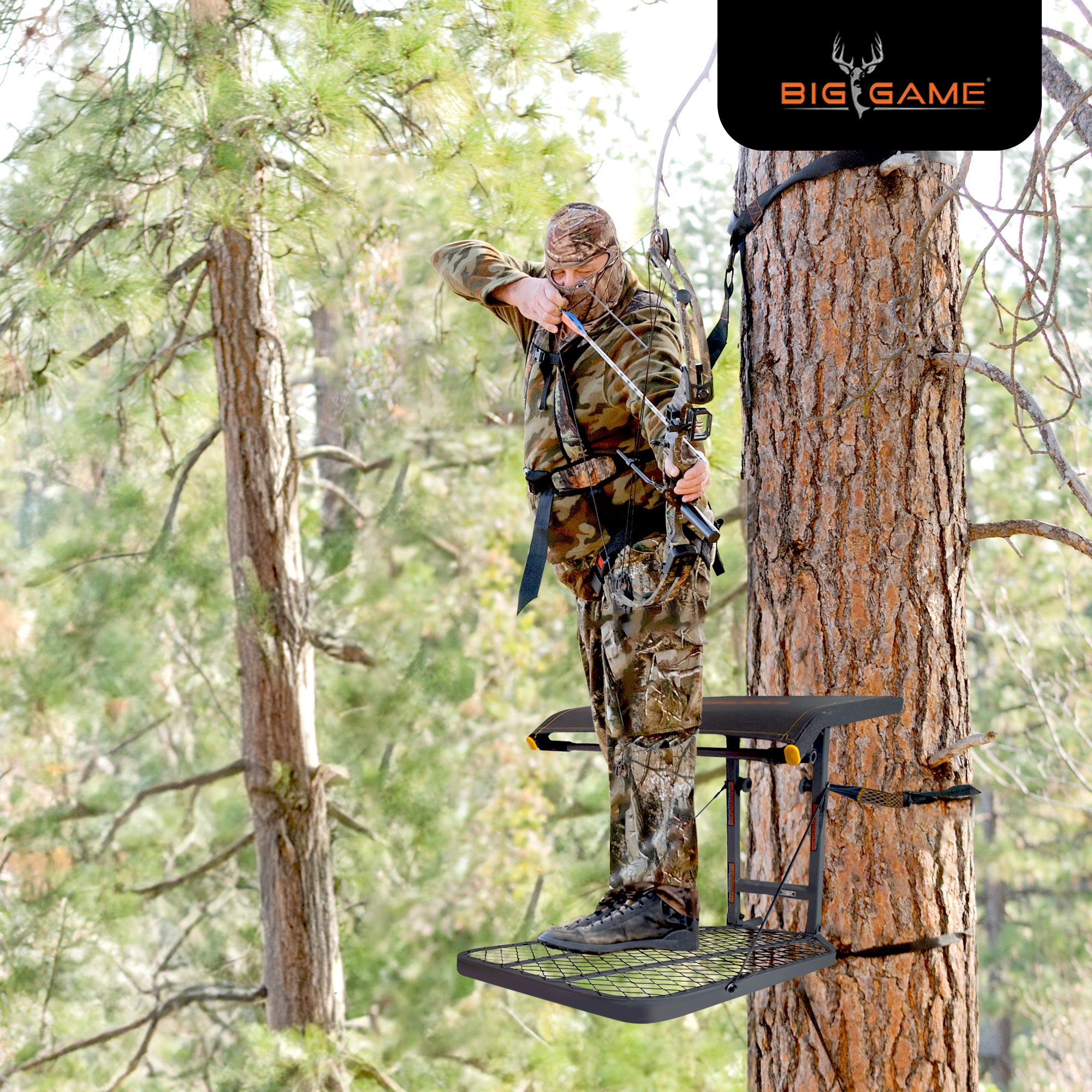 Big Game Steel Hang-On Treestand with 14" x 12" Flip-Back Seat, Black (Used) - VMInnovations