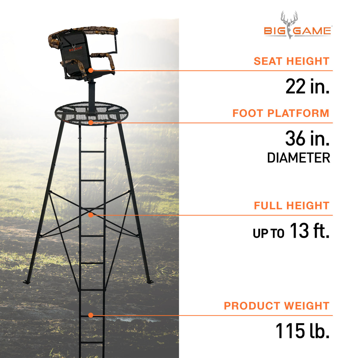 Big Game 13' The Apex Tripod Hunting Ladderstand w/Swiveling Seat (Open Box) - VMInnovations