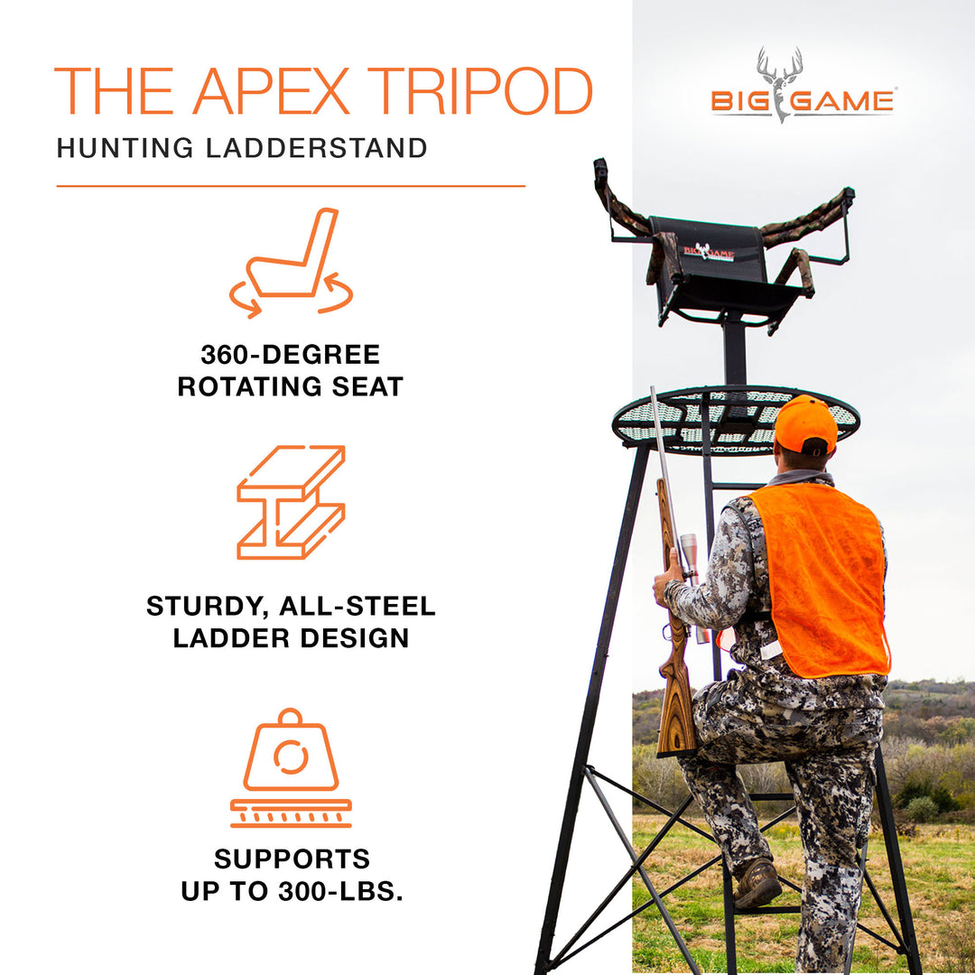 Big Game Apex 12.5 Foot Tripod Stand, Deer Hunting Ladder with Rotating Seat - VMInnovations
