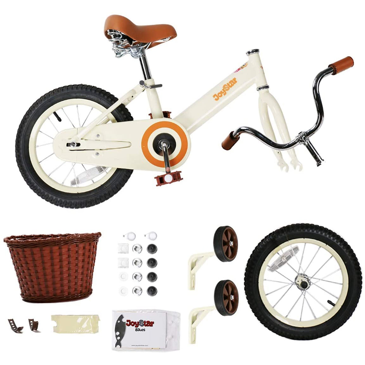 Joystar Vintage 16 Inch Ages 4 to 7 Kids Training Wheel Bike with Basket, Ivory