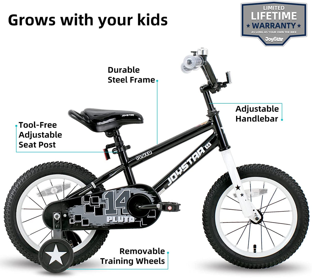 Joystar Pluto 18 Inch Ages 5 to 9 Kids Boys BMX Bike with Training Wheels, Black