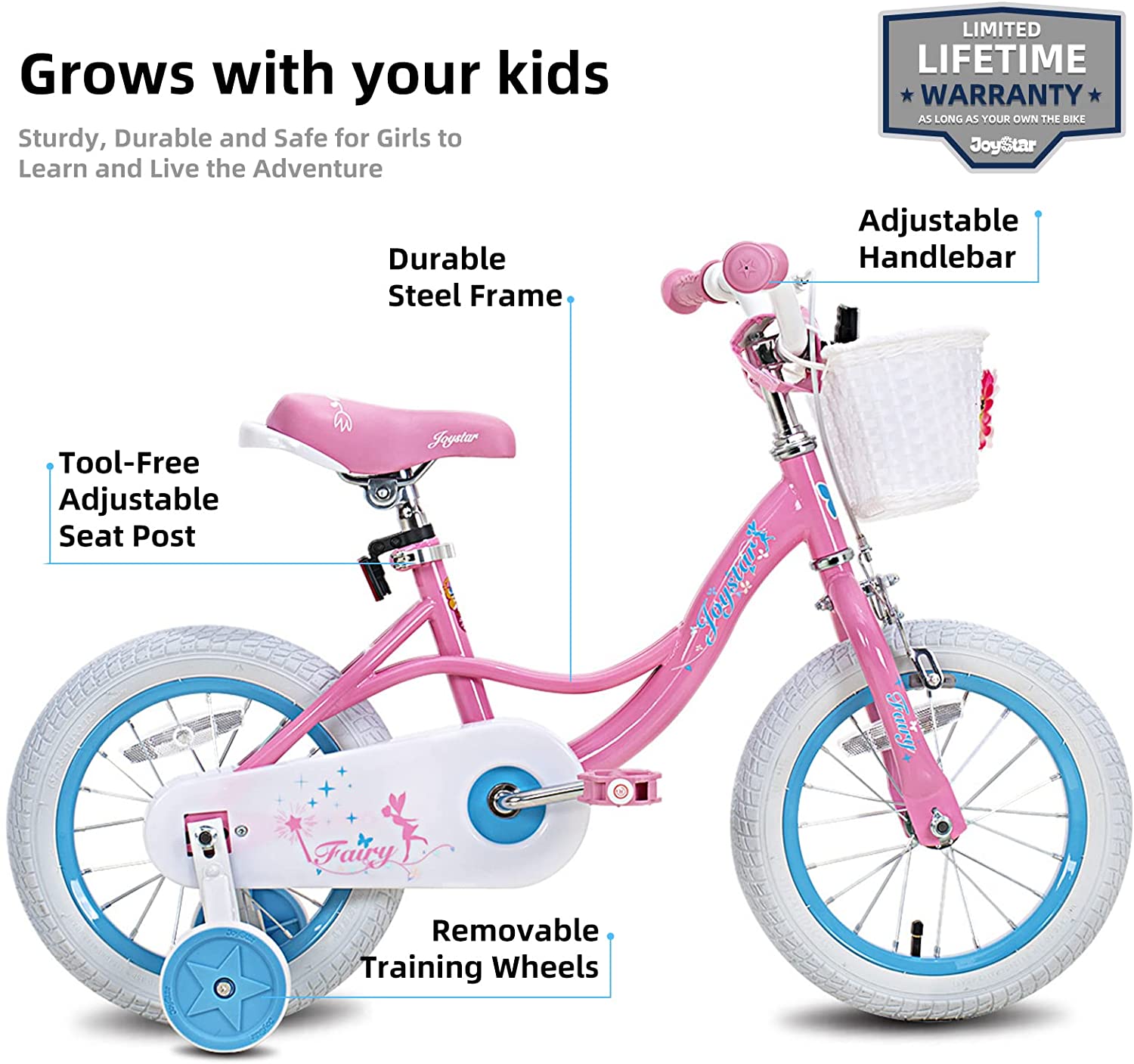 Fairy 14 In Kids Bike w/Training Wheels for Ages 3 to 5, Pink & Blue (Open Box) - VMInnovations