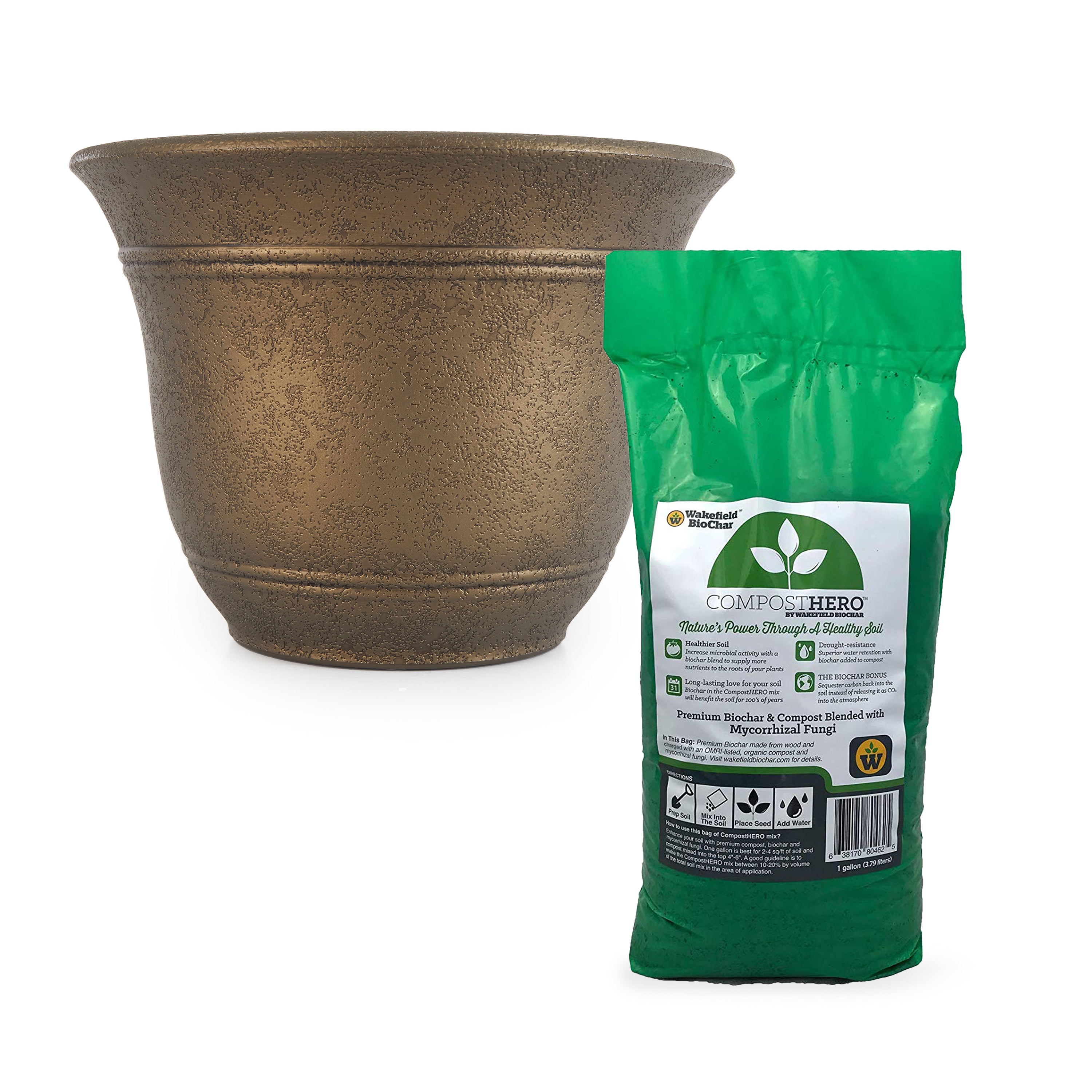 HC Companies Sierra Round Resin Garden Planter Pot w/ Wakefield Soil Compost