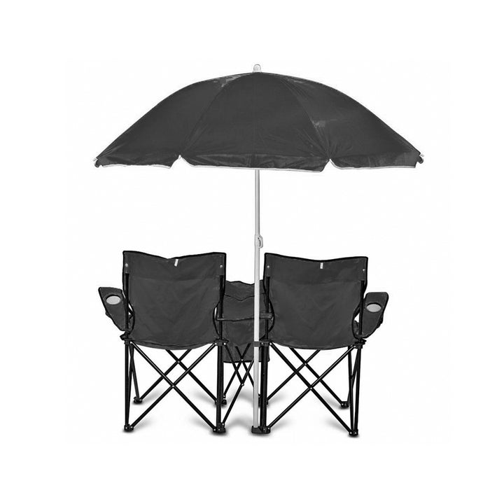 GoTeam Double Folding Camping Chair Set w/ Umbrella & Cooler Bag, Blk (Open Box)