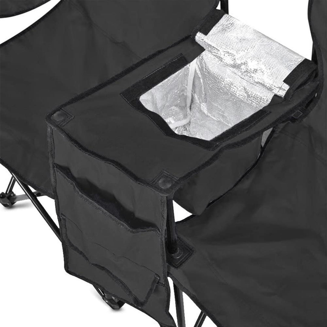 GoTeam Double Folding Camping Chair Set w/ Umbrella & Cooler Bag, Blk (Open Box)