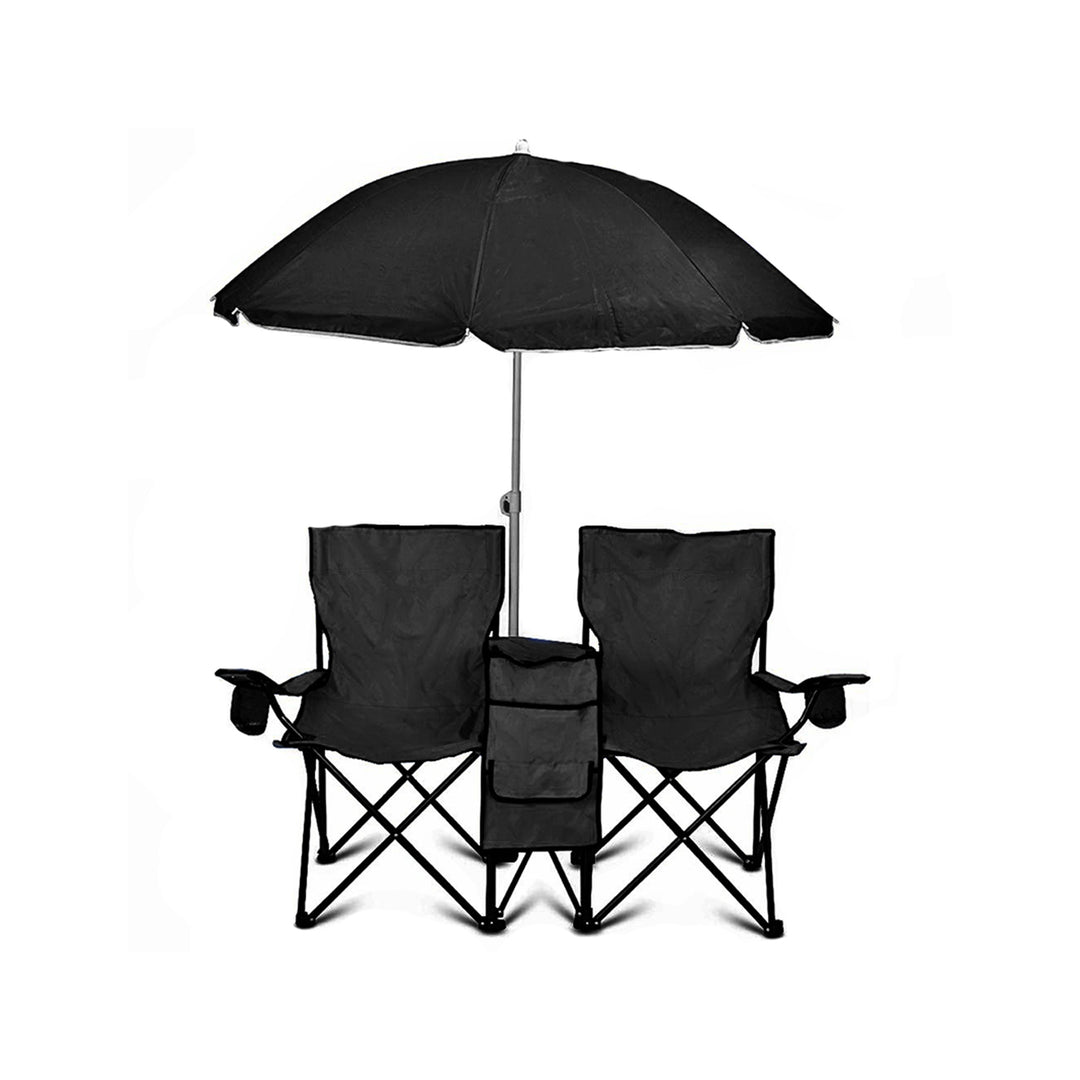 GoTeam Double Folding Camping Chair Set w/ Umbrella & Cooler Bag, Blk (Open Box)