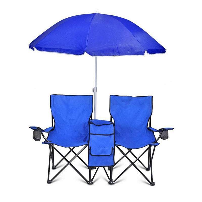 GoTeam Double Folding Camping Chair Set w/ Shade Umbrella and Cooler (For Parts)