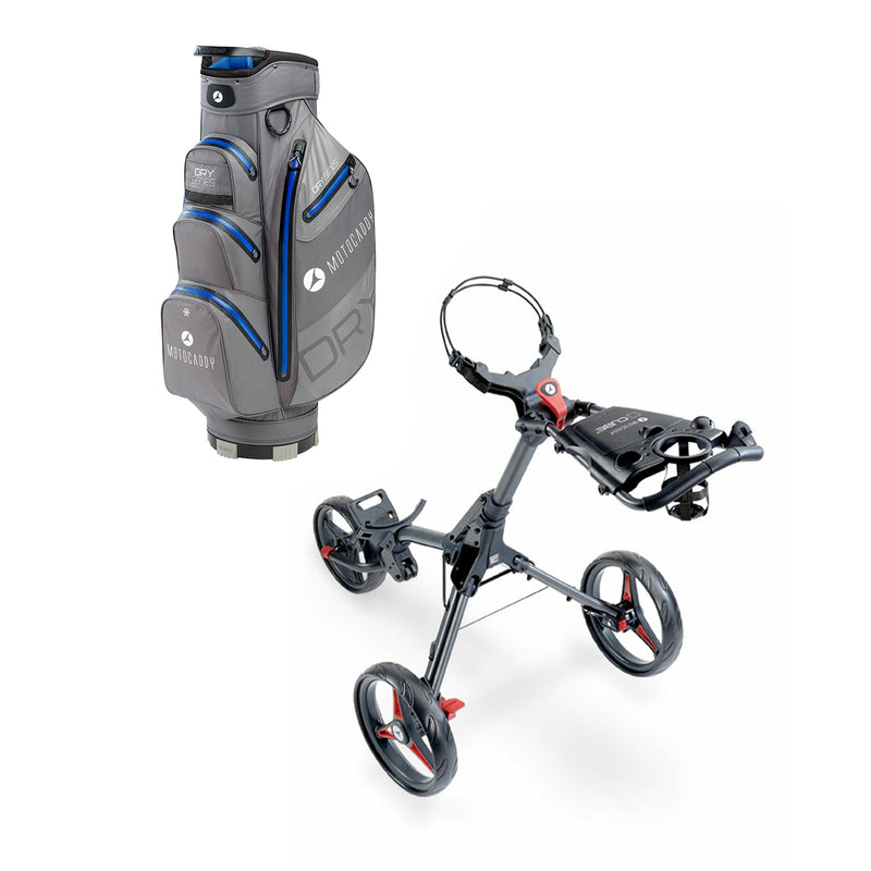 Motocaddy Cube 3 Wheel Foldable Golf Push Caddy with Carry Golf Club Bag, Blue - VMInnovations
