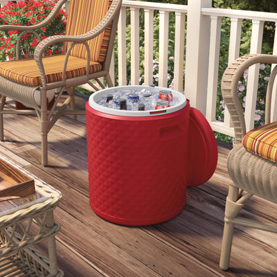 Suncast 54 Quart 60 Can Round Outdoor Patio Cooler, Side Table, & Stool, Red