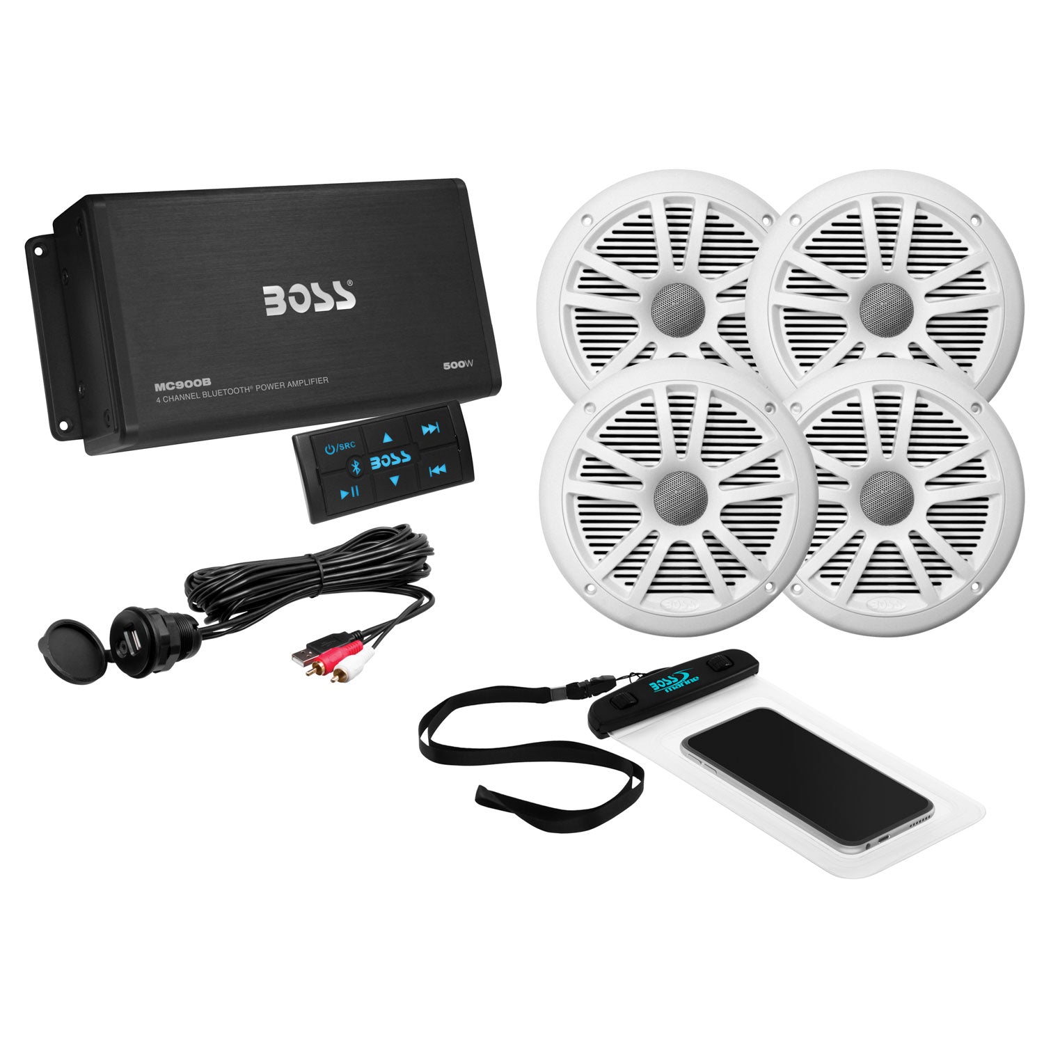 Boss Marine Audio Amplifier & Speakers Bundle With KIT2 Installation Wiring Kit - VMInnovations