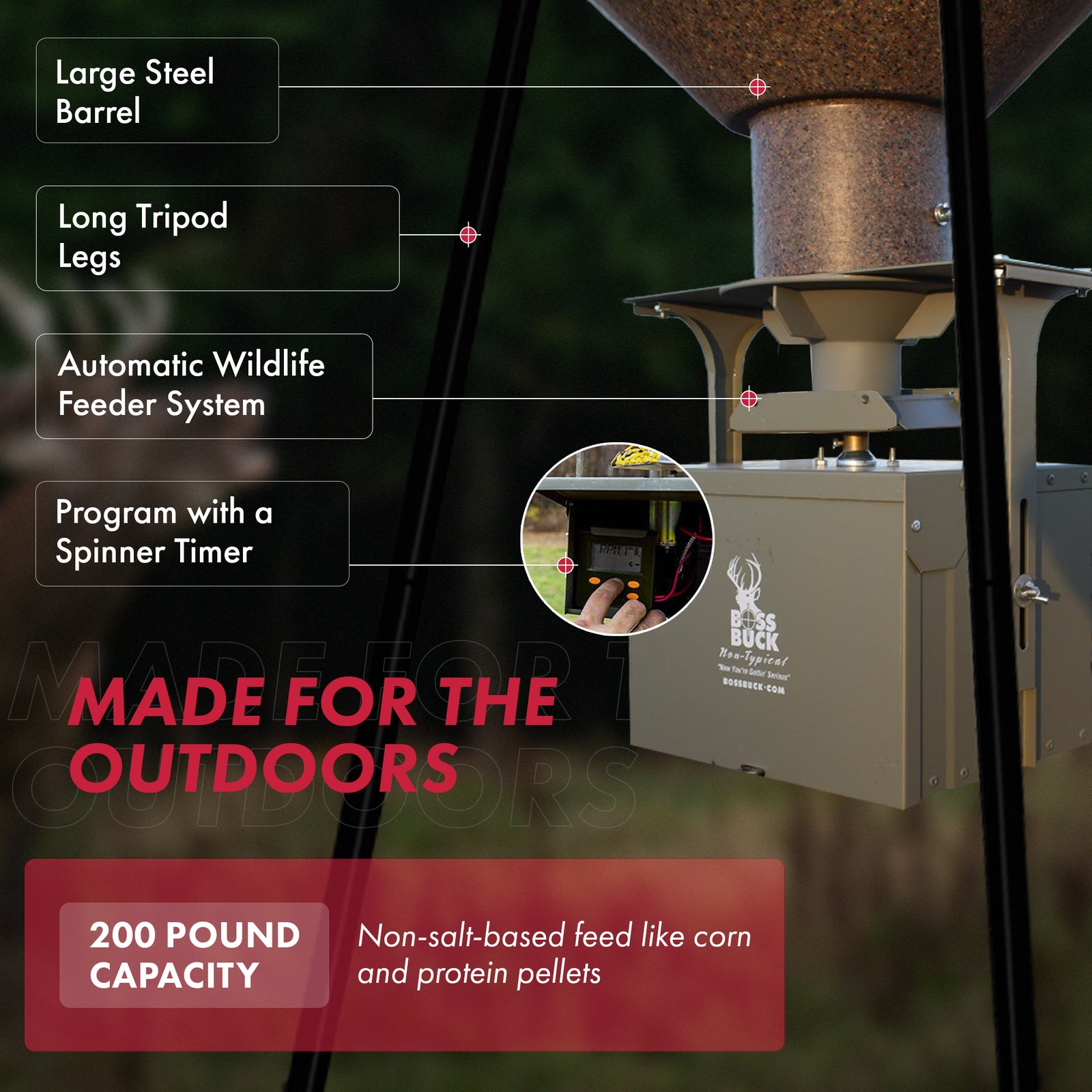 Boss Buck Hunting 200 Series Large Automatic Wildlife Deer Feeder 200lb Capacity - VMInnovations