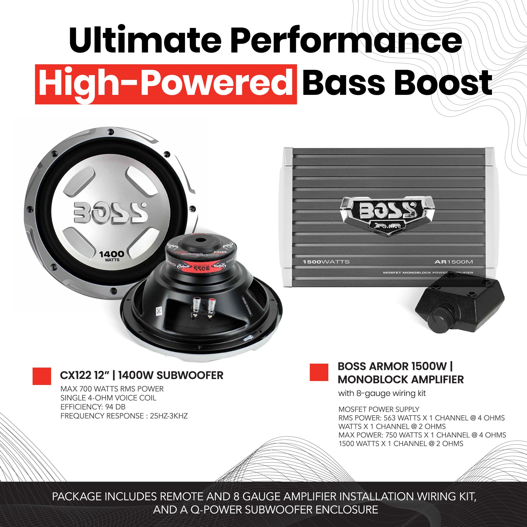 Boss Audio 12" 1400W Subwoofer, 1500W Amplifier w Amp Kit & QPower 12" Enclosure - VMInnovations