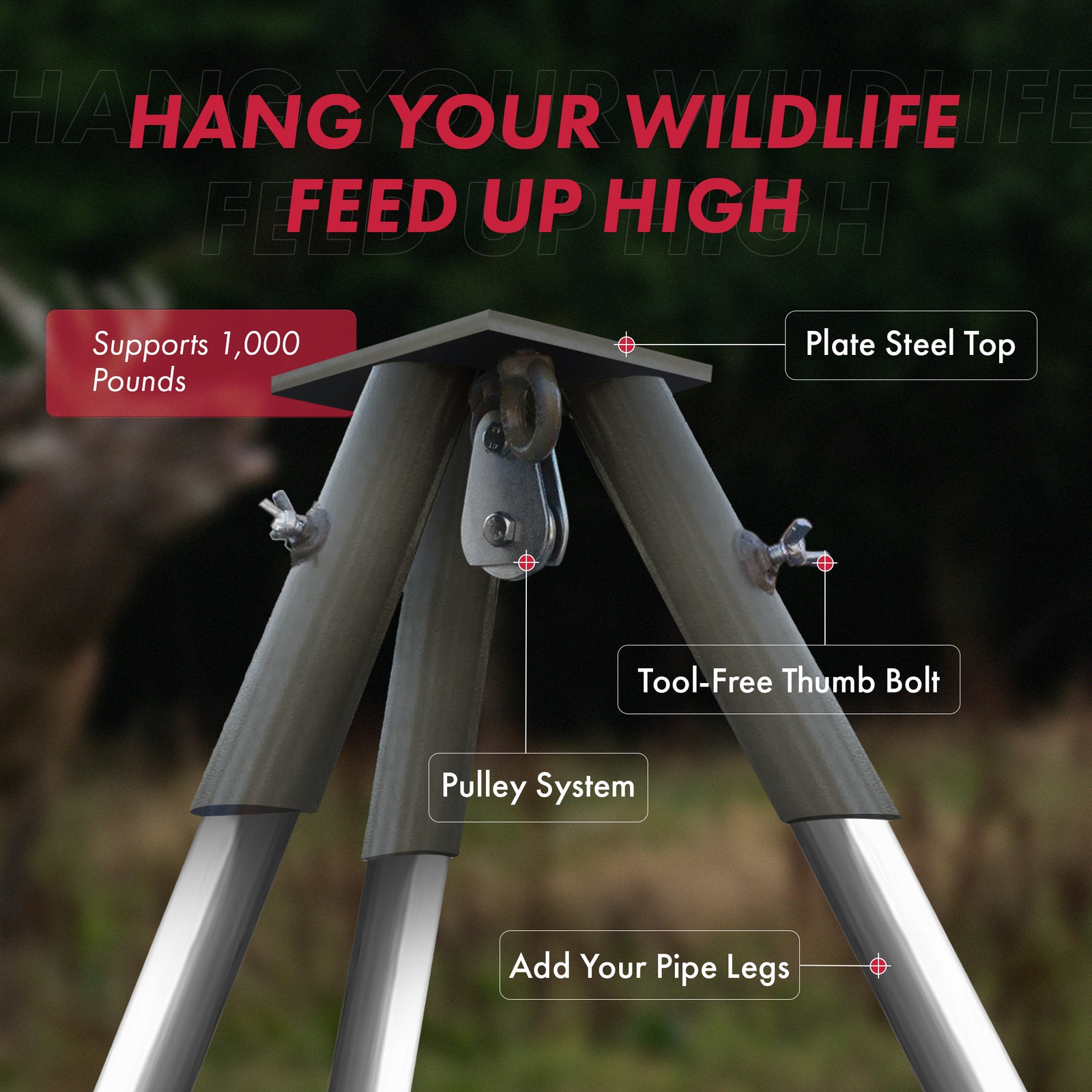 Boss Buck Tripod Header with Pulley, Deer Feeder Attachment, Feeder Not Included - VMInnovations