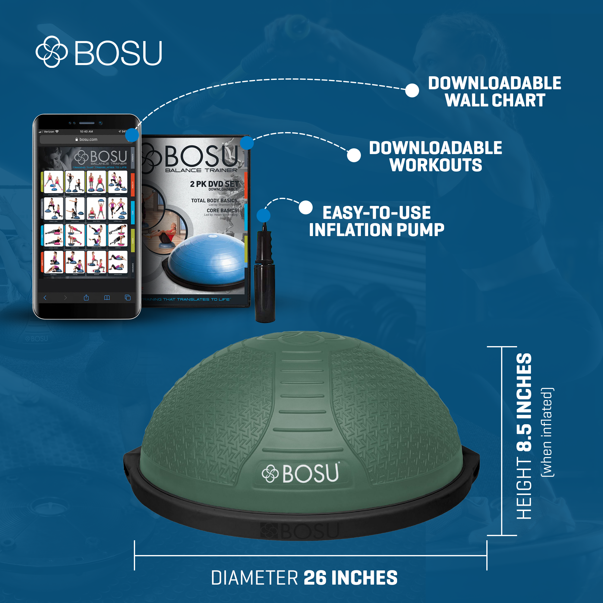 Bosu NEXGEN Balance Strength Trainer, Home Gym Workout Equipment, 26", Green - VMInnovations
