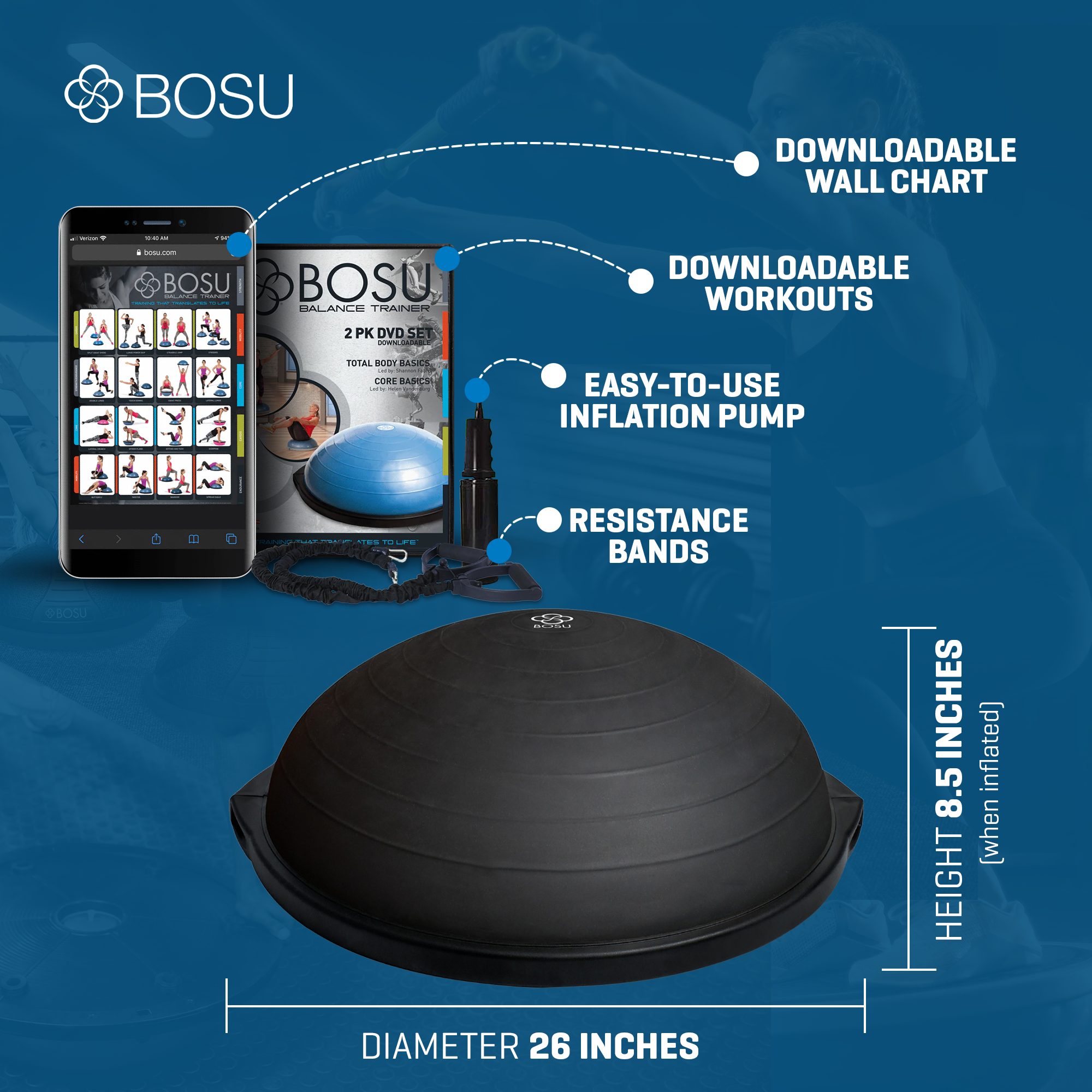 Bosu Home Balance Trainer for Strength, Flexibility, and Cardio Workouts, Black - VMInnovations