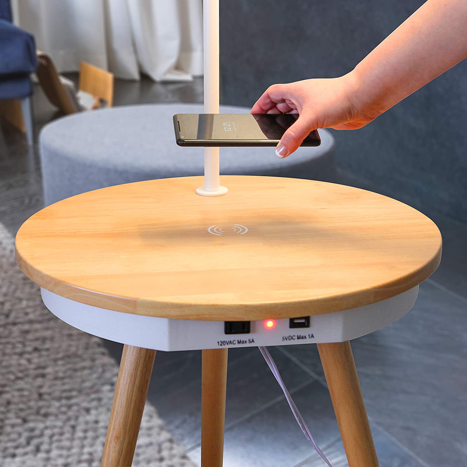 Brightech Owen Wireless Charging Station Table w/Built In Lamp, Wood (Open Box)