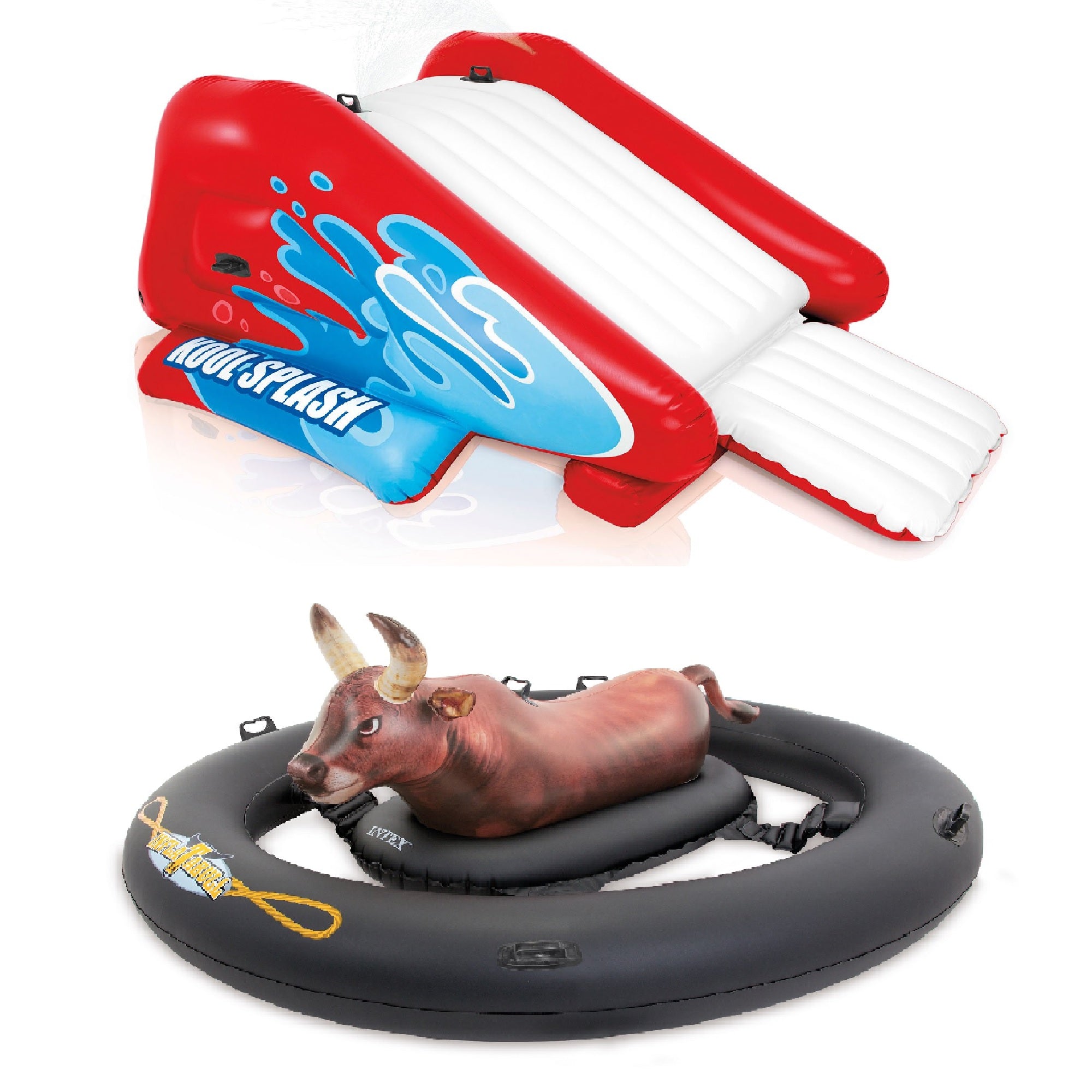 Intex Inflatable Pool Water Slide, Red & Intex Inflatabull Bull-Riding Float - VMInnovations