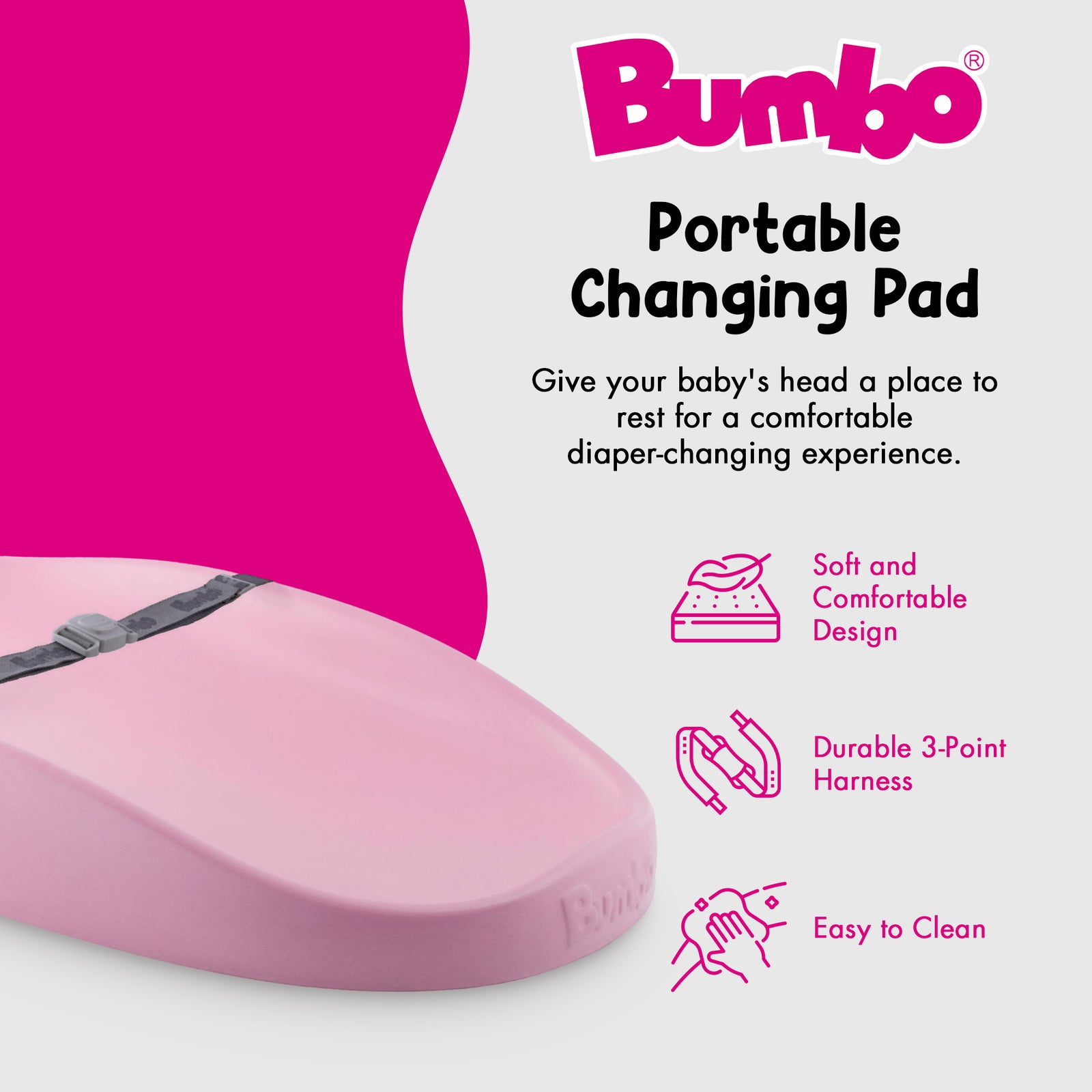 Bumbo Diaper Changing Pad, Ergonomic Baby Changing Mat with Safety Belt, Pink - VMInnovations