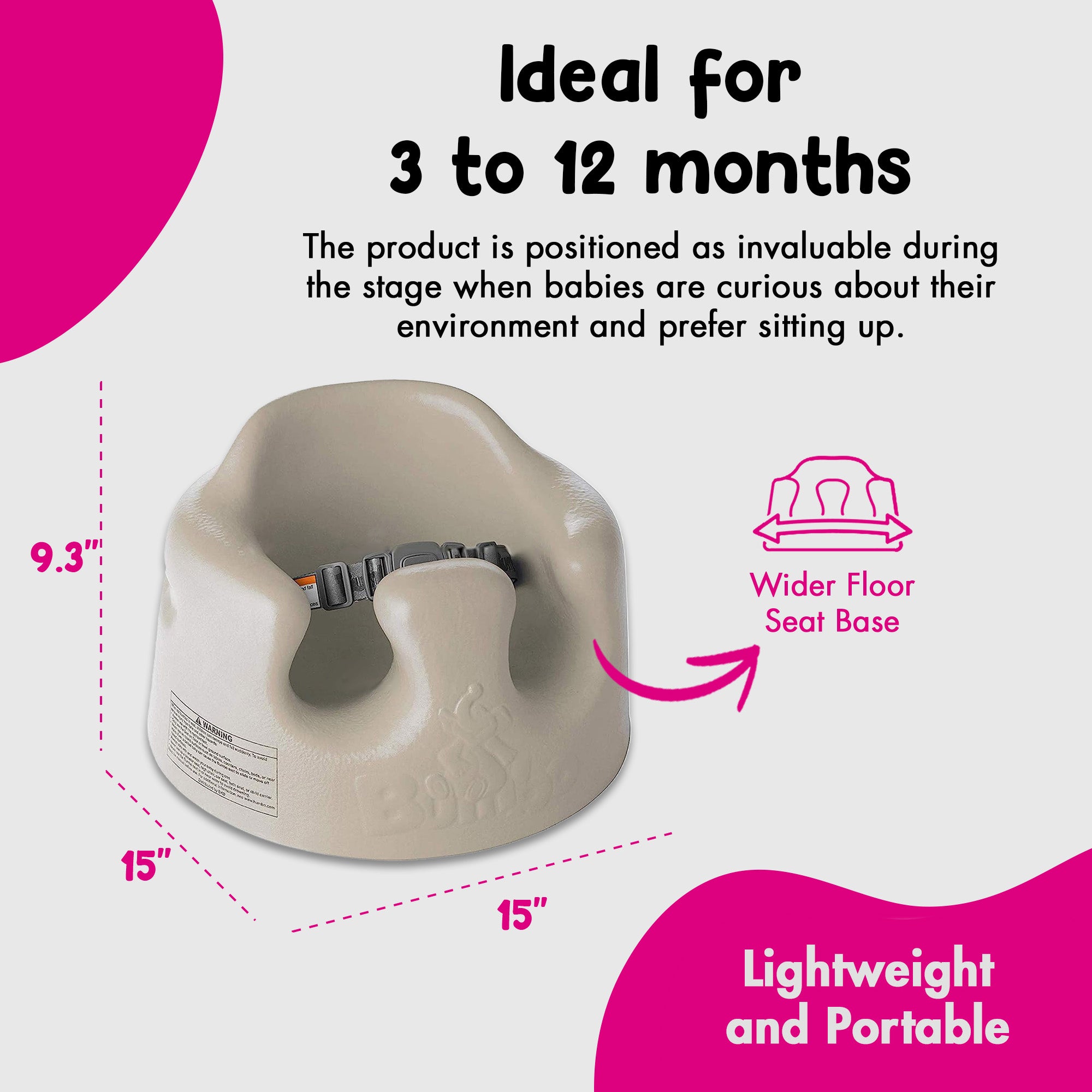Bumbo Baby Soft Foam Wide Floor Seat w/3 Point Adjustable Harness, 3 Pack, Taupe - VMInnovations
